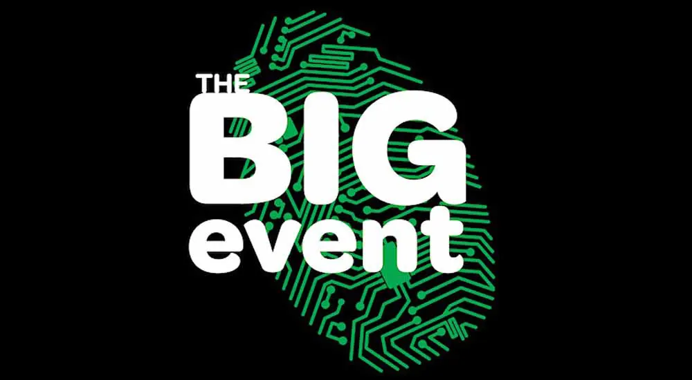 black background with The Big Event text and a science thumbprint in the background in green