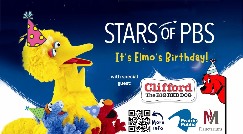 Stars of PBS - Elmos's Birthday, with imagery of various Sesame Street Characters including Big Bird, Clifford, Elmo and Cookie Monster