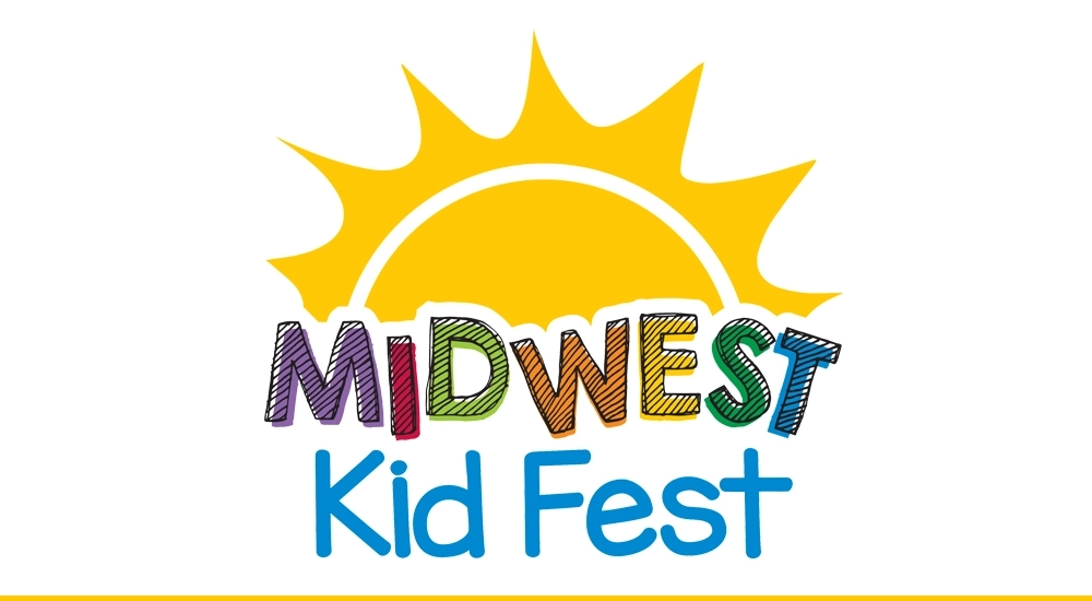 Logo with multi-color text reading Midwest Kid Fest. Logo has a bright yellow sun on it.