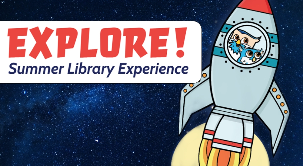 Explore Library Series text with a cartoon rocket in space