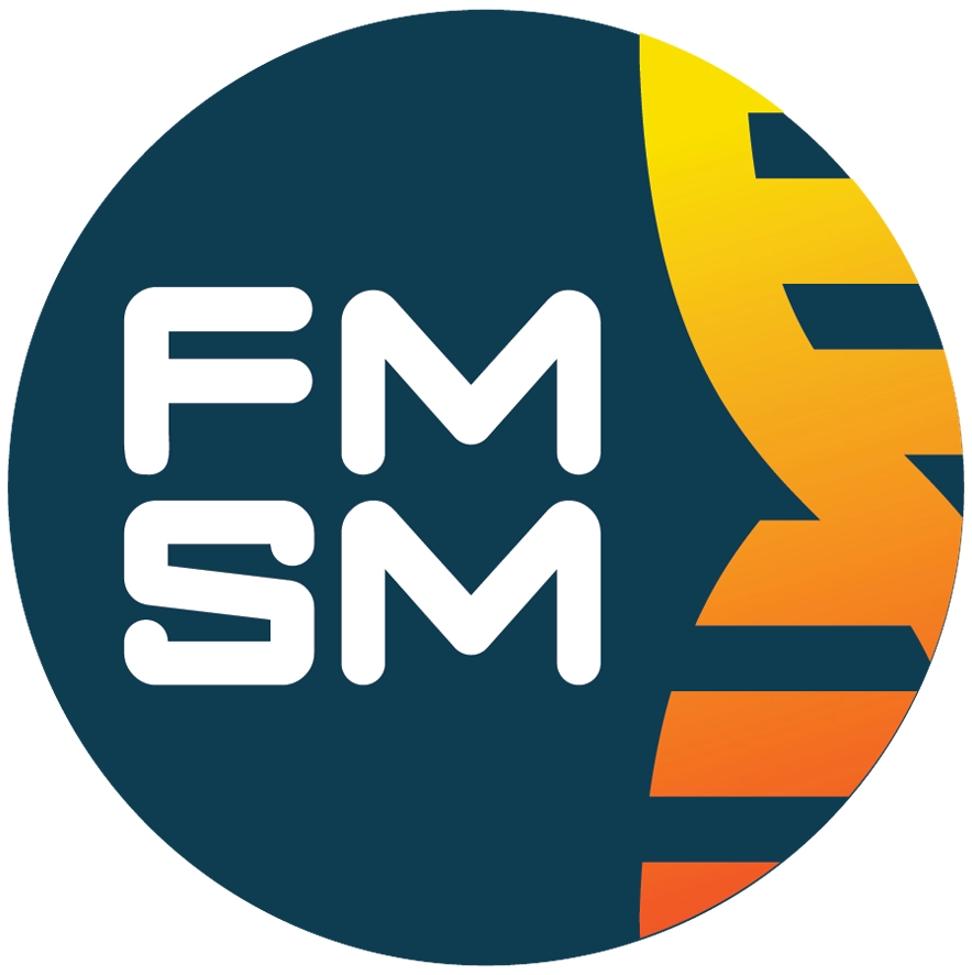 Round blue background with FMSM and a part of the gradient helix showing
